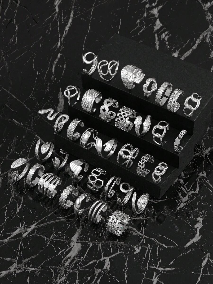 6/12/30/60/100 Miếng Thép Không Gỉ Thời Trang Ép Dầu Mở Đầu Lâu Rắn Bộ Nhẫn Hình Học Thích Hợp Cho Nam Và Nữ Phù Hợp Hàng Ngày Trang Sức Ngày Lễ Halloween Các Yếu Tố Trang Trí Bộ Nhẫn Kích Thước Phong Cách Ngẫu Nhiên - Bạc - Xem 1