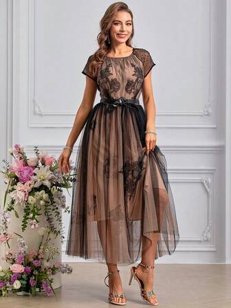 Summer Women's Hot Drilling Sleeve Floral Embroidery Belted Overlay Mesh Black Midi Dress