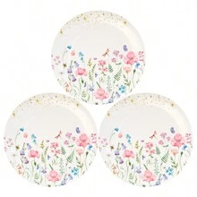 7/9 英寸花卉主题一次性纸盘，白色背景花卉图案，派对用品，适合生日、野餐、圣诞节 - 彩色 - 查看 6