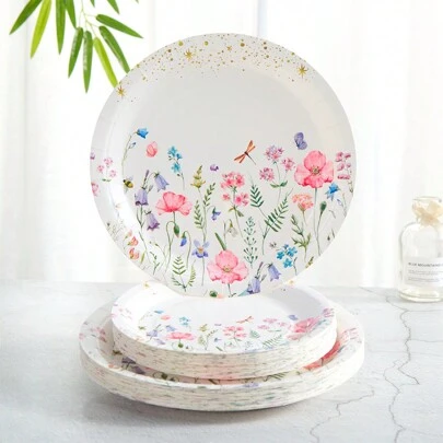 7/9 Inch Flower Theme Disposable Paper Plates, White Background Floral Pattern, Party Supplies, Suitable For Birthday, Picnic,Christmas