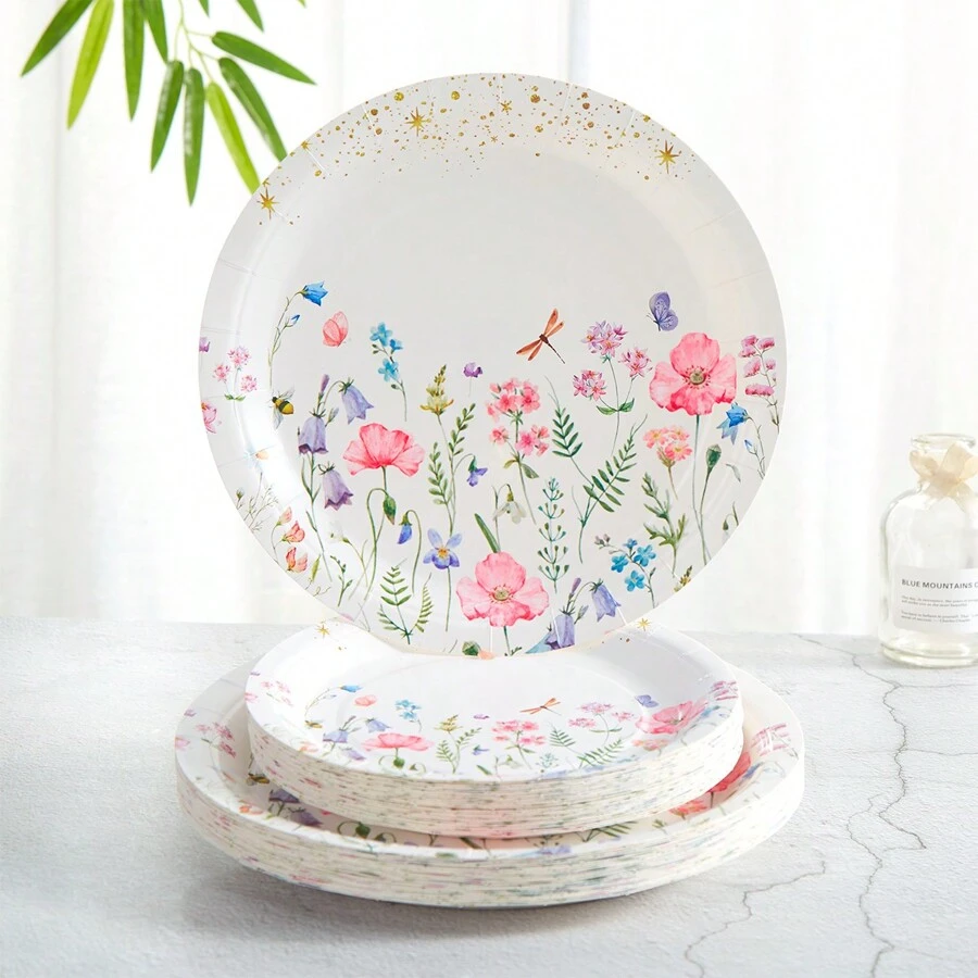 7/9 英寸花卉主题一次性纸盘，白色背景花卉图案，派对用品，适合生日、野餐、圣诞节 - 彩色 - 查看 1