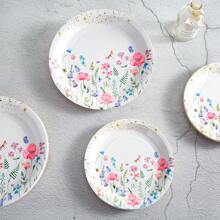 7/9 英寸花卉主题一次性纸盘，白色背景花卉图案，派对用品，适合生日、野餐、圣诞节 - 彩色 - 查看 2