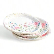 7/9 英寸花卉主题一次性纸盘，白色背景花卉图案，派对用品，适合生日、野餐、圣诞节 - 彩色 - 查看 5