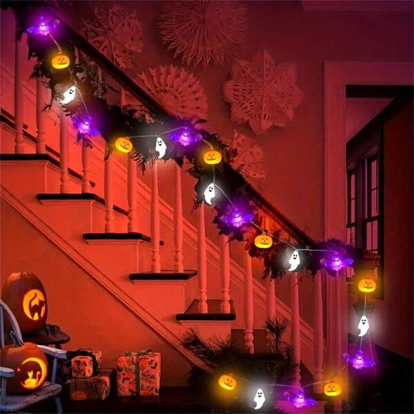 1pc 10/20 LED Halloween Bat, Ghost And Pumpkin Lights String, Garden Corridor Horror Atmosphere Hanging Decor Light, Battery Powered Suitable For Halloween Theme Party Home Bedroom Display (Battery Not Included) Halloween Decoration Room Decor Halloween Garden Decor For Gift Fairy Holiday Decor Festival Decor