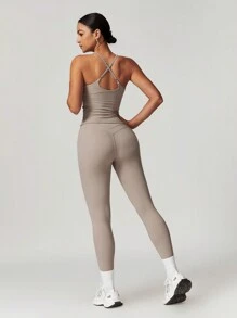 MASKERT "2-Piece Set"Women's Vest Yoga Tight Pants Set, High Stretch Running Sports Set, Comfortable And Skin Friendly - Màu be - Xem 8