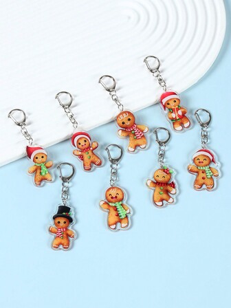 8pcs Mixed Christmas Key Chains Different Types Of Cute Gingerbread Man Keychains, Christmas Theme Party Hanging Decor, Birthday Party Gift Keyring, Bag Christmas Tree Ornament, Charm Pendant, Christmas Gifts