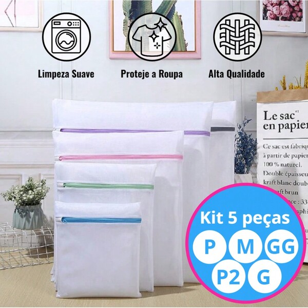 Kit com 5 Sacos para lavar roupas (P, P2, M, G, GG) para Lavar Roupa
