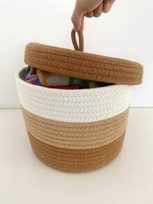 1pc Handmade Rope Woven Storage Basket With Lid, Solid Color - Multicolor - View 3