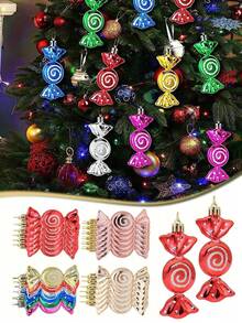 6pcs Electroplated Candy Pendants, Christmas Tree Candy Pendants, Christmas Party Decorations, Candy Home Decoration Pendants, Suitable For Christmas Decoration, Halloween Decoration, Thanksgiving Gift Wreath,Christmas