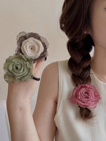 1pc Multicolor Dry Rose Flower Elastic Hair Ties, High-End Women Hair Accessories, Suitable For Daily Hairstyle Valentine's Day Ponytail Holders Hair Elastics Hair Rubber Bands Scrunchies Hair Rope, Hair Bobbles Head Accessories