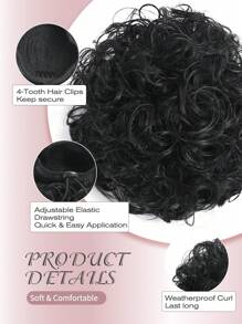 8 英寸自然黑色凌乱发髻发片，蓬松波浪卷发发髻发片弹力抽绳凌乱发髻短卷发马尾辫接发合成发髻女士日常使用 - 黑色 - 查看 5