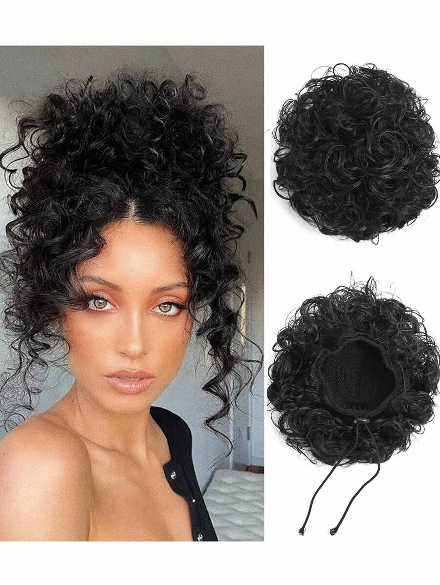 8 英寸自然黑色凌乱发髻发片，蓬松波浪卷发发髻发片弹力抽绳凌乱发髻短卷发马尾辫接发合成发髻女士日常使用 - 黑色 - 查看 1