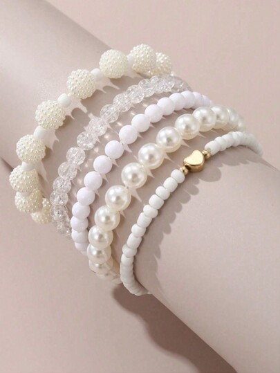 5 Pieces Set Of Fashionable & Minimalist Children's Faux Pearl Beaded Bracelet, Cute Girl Jewelry