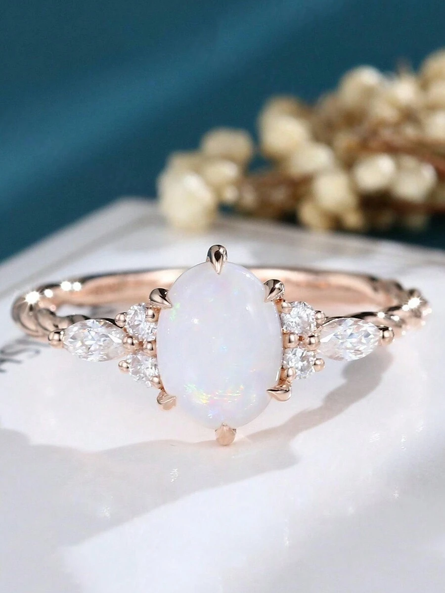 1 件新款时尚戒指，镶嵌白蛋白石，适合订婚、送给家人/朋友/情侣的礼物，男女通用设计 - 白色 - 查看 1