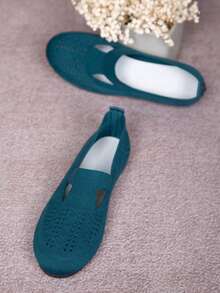Zapatos planos de moda casual con puntera redonda, de punto y de slip-on para mujeres - Azul Marino - Ver 6