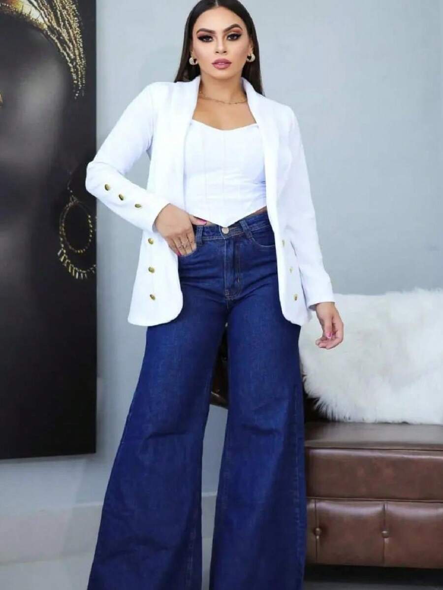 Blazer Alfaiataria Casaco Social Feminino Acinturado com Botões Sobretudo com Botões Estiloso - Branco - Visão 1