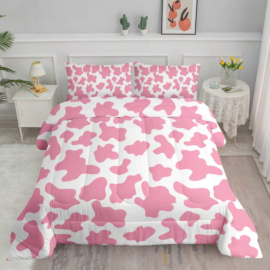 Cow Print Comforter Set, Farmhouse Style Geometric Cow Bed Set, Cartoon Milk Cow Print Bedding Set For Bedroom Guest Room Dorm Decor, 1 Comforter 2 Pillow Cases( Without Core) - Pink - View 1