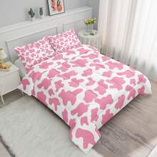 Cow Print Comforter Set, Farmhouse Style Geometric Cow Bed Set, Cartoon Milk Cow Print Bedding Set For Bedroom Guest Room Dorm Decor, 1 Comforter 2 Pillow Cases( Without Core) - Pink - View 3
