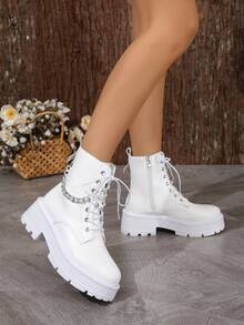 Botas blancas de media pantorrilla de moda casual nuevas para mujer - Blanco - Ver 5