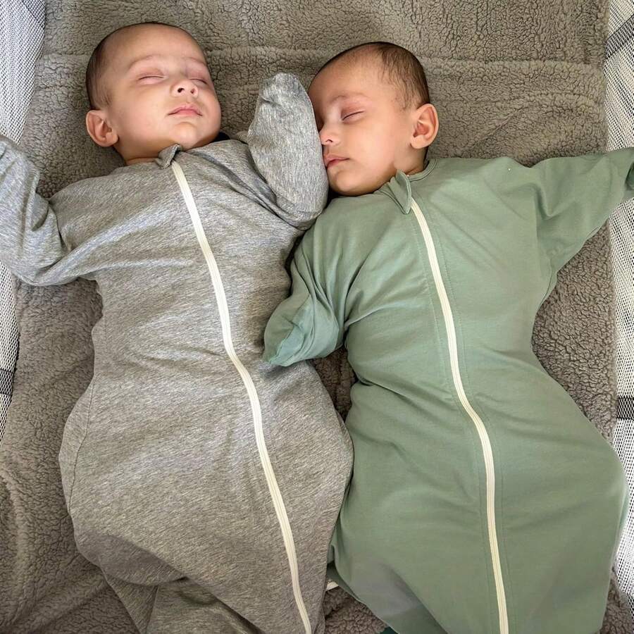 2 件套过渡襁褓可穿戴毯子婴儿带双向拉链爱心情人节 - 灰色+綠色 - 查看 1