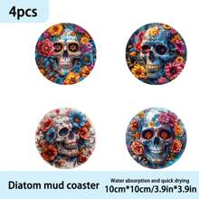 1set/4pcs/6pcs/300pcs Halloween Skull Head In Flowers Diatom Mud Coaster Set-Mug Mat, Coffee Cup Mat-Ideal For Home And Restaurant Decor, Exquisite Birthday Or Holiday Gifts, Table Decor, Household Items, Holiday Decorations, Room Decor, Home Decor, Theme Party Decor, Halloween Decorations - Multicolor - View 5