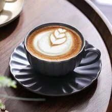 A Ceramic 8 Oz Cappuccino Cup Set With Saucer, Espresso Coffee Cup, Latte Macchiato Party Cafe Home, Vintage - Grey - View 2