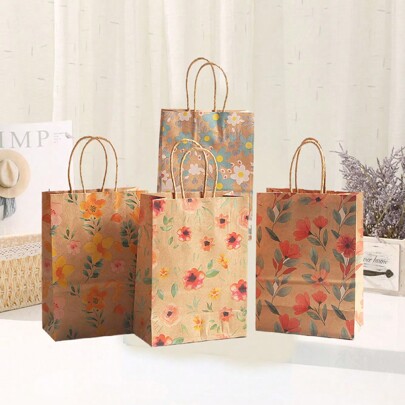 8pcs/Set 21*15*8CM Kraft Paper Floral Print Gift Bags, Suitable For Birthday Party, Home Party Gifts Packaging, Decoration'