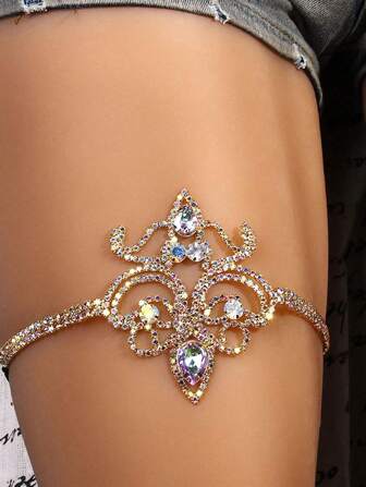 1 pieza Cadena para pierna con cuerda elástica, diamantes de imitación y forma geométrica, estilo europeo y americano, accesorio de cadena para el Body, para playa de verano y sexy