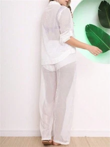 Beach Cover-Up Set, Long-Sleeved Shirt And Pants With Pocket On The Side - 白色 - 查看 3