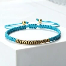 1pc Vintage Handmade Braided Bracelet Charm Gold Color Bend Adjustable Size Red Rope Bangles Women Men Prayer Wrist Jewelry - Red - View 6