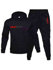 Conjunto De Sudadera Con Capucha Y Pantalón Deportivo Para Hombre Con Estampado De Letras Y Cordón ,Hombres Capucha con estampado de letra - Negro - Ver 2