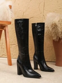 Plus Size Women's Fashion Over-The-Knee High Heel Boots, Casual Zipper Knee-High Boots, Thick Heel Fall/Winter Runway Boots, Black Ankle Boots - Black - View 4