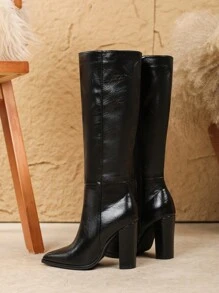 Plus Size Women's Fashion Over-The-Knee High Heel Boots, Casual Zipper Knee-High Boots, Thick Heel Fall/Winter Runway Boots, Black Ankle Boots - Black - View 5