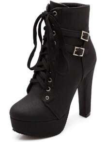 High Heel Boots For Women,Womens Platform Boot Heels Sexy Round Toe Lace UP High Heels Mid Calf Boots Valentines - Black - View 2