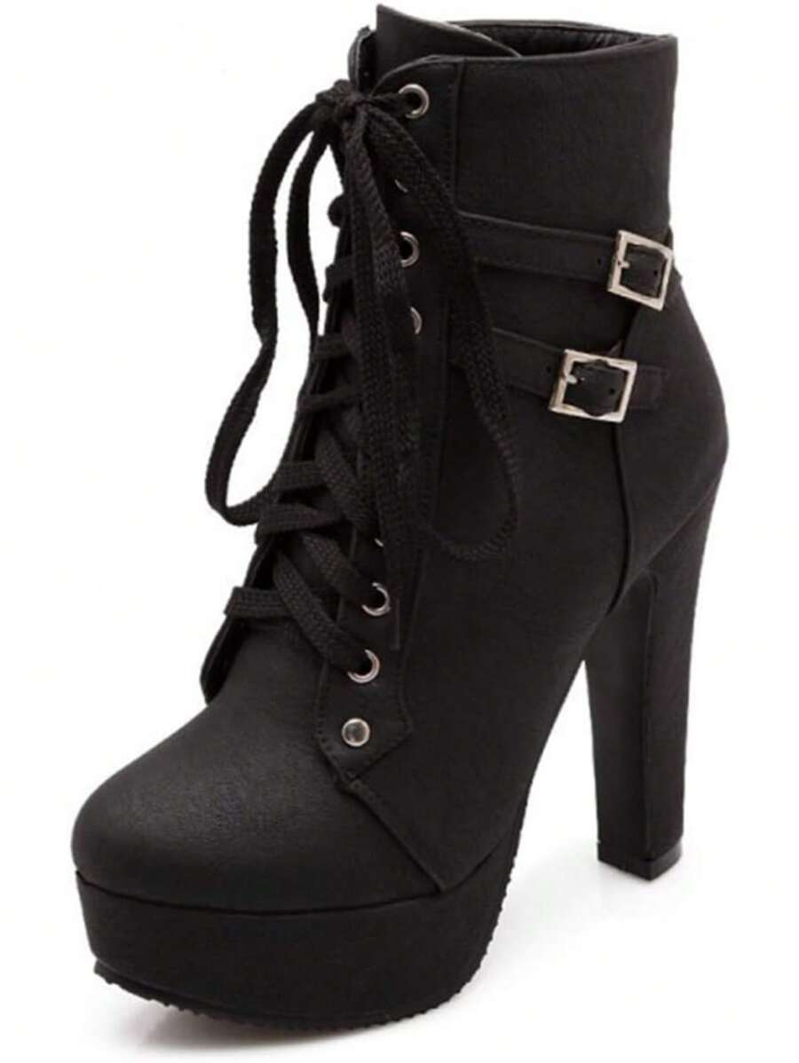 High Heel Boots For Women,Womens Platform Boot Heels Sexy Round Toe Lace UP High Heels Mid Calf Boots Valentines