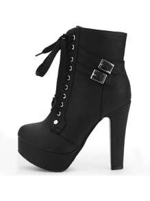 High Heel Boots For Women,Womens Platform Boot Heels Sexy Round Toe Lace UP High Heels Mid Calf Boots Valentines - Black - View 3