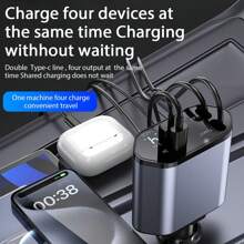 4-In-1 Fast Charging Car Charger Digital Display Voltage 120w Fast Charging With Type-C*2 Telescopic Charging Cable USB And Type-C Dual Output Port Car Charger Car Cigarette Lighter Charger