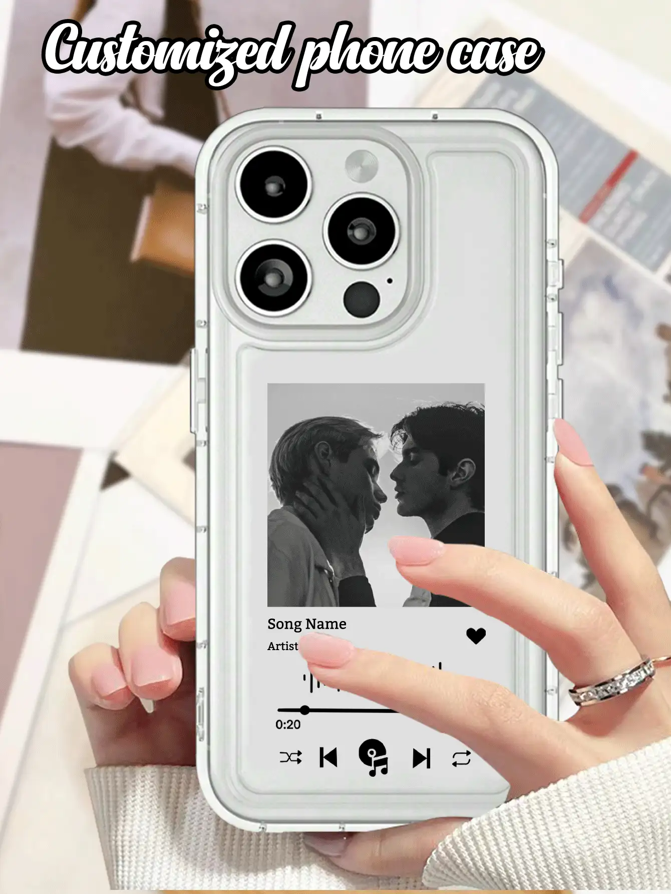 1个定制手机壳,带音乐播放器,可印照片和文字名称,透明减震气垫,兼容 17 Air 16 15 14 13 12 11 Pro Max,Galaxy S25 24 23 Ultra FE A55 54 35,季节精选,2025手机壳,可爱手机壳 - 無色 - 查看 2