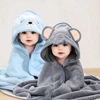 2pcs  Kids Cartoon Hooded Bath Towels, Multi-Functional Coral Fleece Hooded Beach Towels, Swaddle Blanket, Unisex, Four Seasons, Ideal For Newborn Gifts