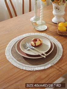 1pc 100% Linen Vintage Rustic Lace Edge Round Placemat, Suitable For Kitchen, Dining Table, Desk, Coffee Table, Vanity, Home Decor, Living Room, Bedroom, Yard, Indoor Outdoor, Camping, Villa, Holiday, Party, Wedding, Cabinet, Family Gathering, Holiday Decoration