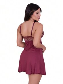 Biografia da Moda Sofia Bicolor Maternity Kit - Robe, Nightdress And Short Doll In Light Microfiber And Lace 3 Pieces - 紅木色 - 查看 7