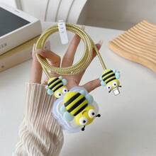 5 件英国兼容 Apple 20 瓦快速充电器外壳充电器盖和螺旋电缆保护器套装（笑脸花、甜甜圈、7 色彩虹、蜜蜂图案） - 彩色 - 查看 15