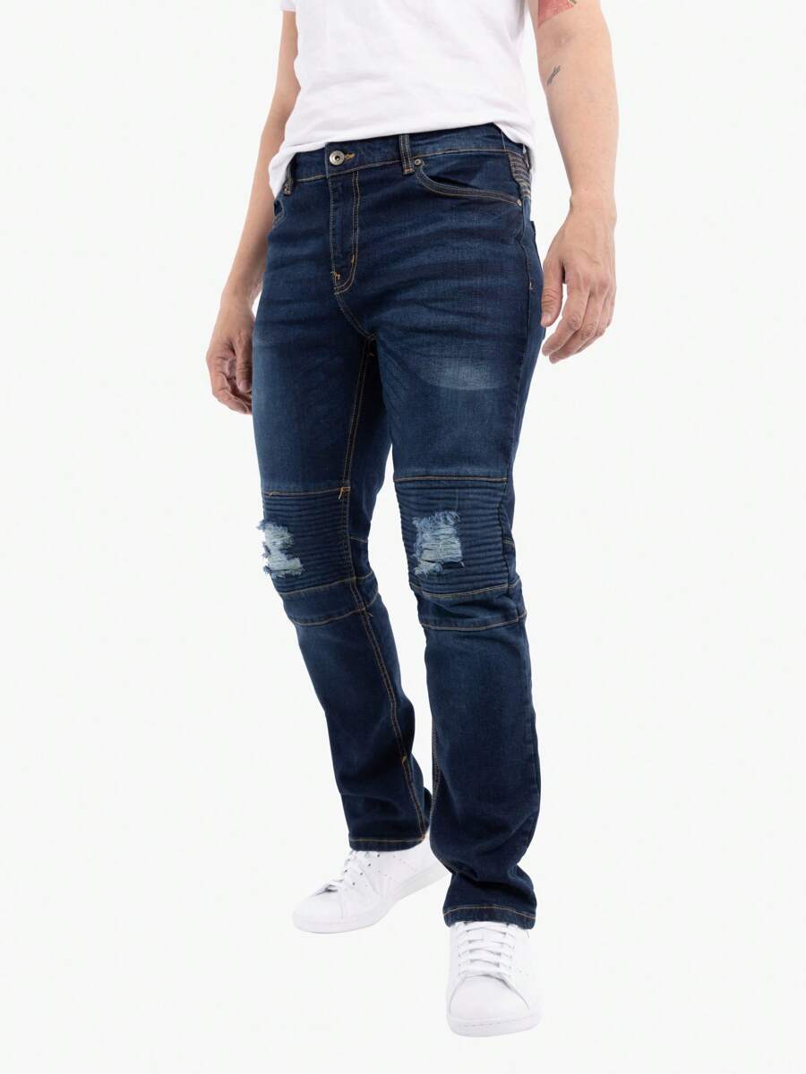 Men's Slim Fit Moto Jeans - Dark Blue - View 1