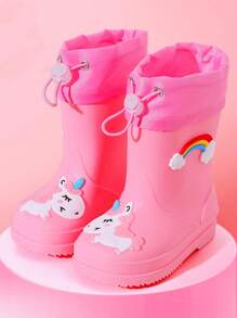 TEEOEC 儿童防水雨靴，防滑儿童抽绳雨鞋，适合幼儿园男孩和女孩，保暖橡胶靴 - 粉色 - 查看 2