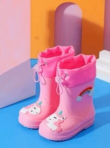 TEEOEC 儿童防水雨靴，防滑儿童抽绳雨鞋，适合幼儿园男孩和女孩，保暖橡胶靴 - 粉色 - 查看 4