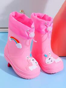 TEEOEC 儿童防水雨靴，防滑儿童抽绳雨鞋，适合幼儿园男孩和女孩，保暖橡胶靴 - 粉色 - 查看 7