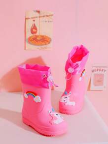 TEEOEC 儿童防水雨靴，防滑儿童抽绳雨鞋，适合幼儿园男孩和女孩，保暖橡胶靴 - 粉色 - 查看 6