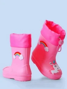 TEEOEC 儿童防水雨靴，防滑儿童抽绳雨鞋，适合幼儿园男孩和女孩，保暖橡胶靴 - 粉色 - 查看 3
