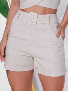 Linen Fabric Shorts Size S M L With Pocket - Màu be - Xem 1
