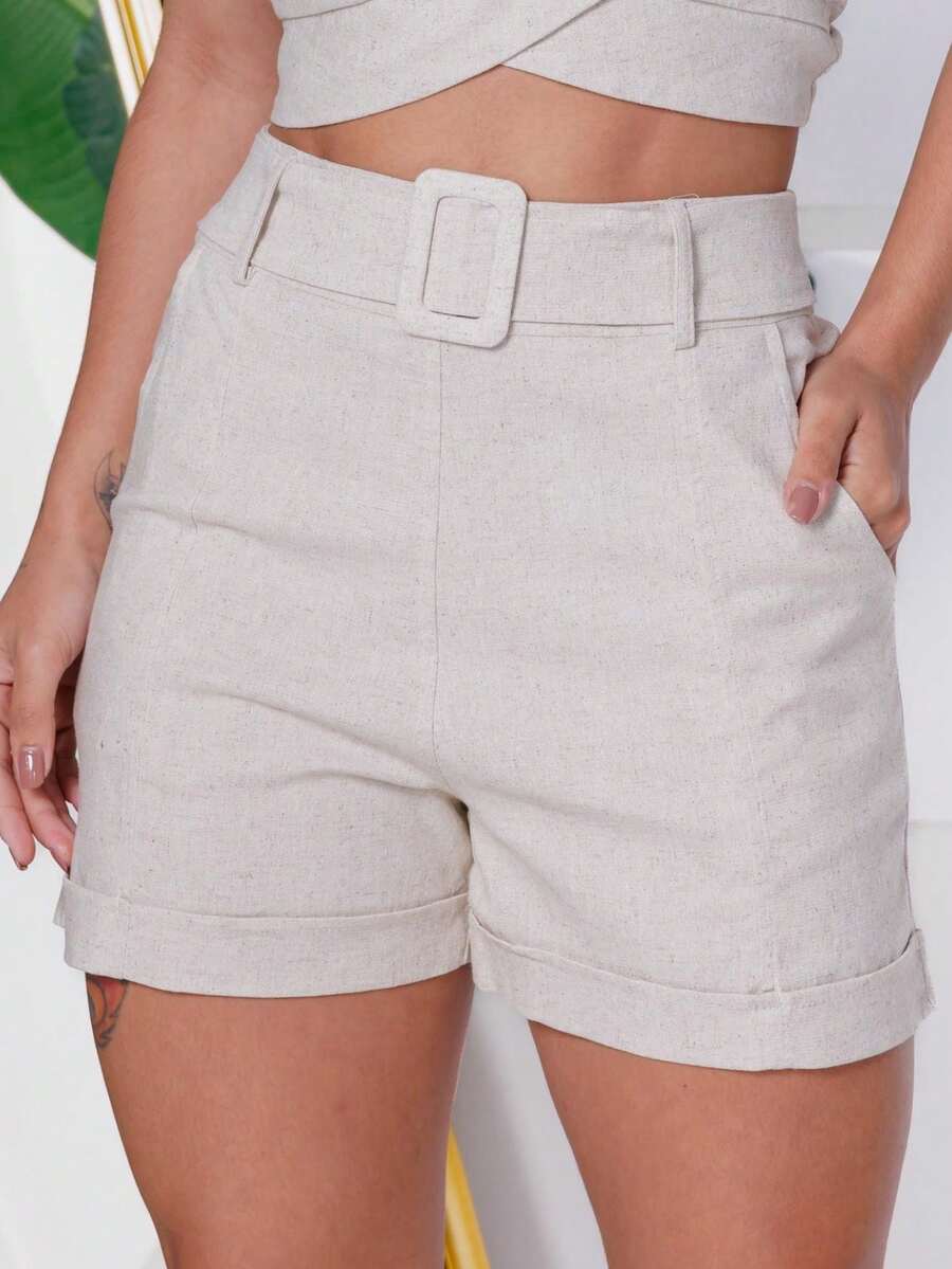 Linen Fabric Shorts Size S M L With Pocket - Màu be - Xem 1